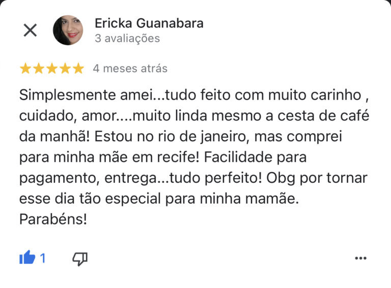 Simplesmente amei...tudo feito com muito carinho, cuidado, amor....muito linda mesmo a cesta de café da manhã! Estou no rio de janeiro, mas comprei para minha mãe em recife! Facilidade para pagamento, entrega...tudo perfeito! Obg por tornar esse dia tão especial para minha mamãe. Parabéns!