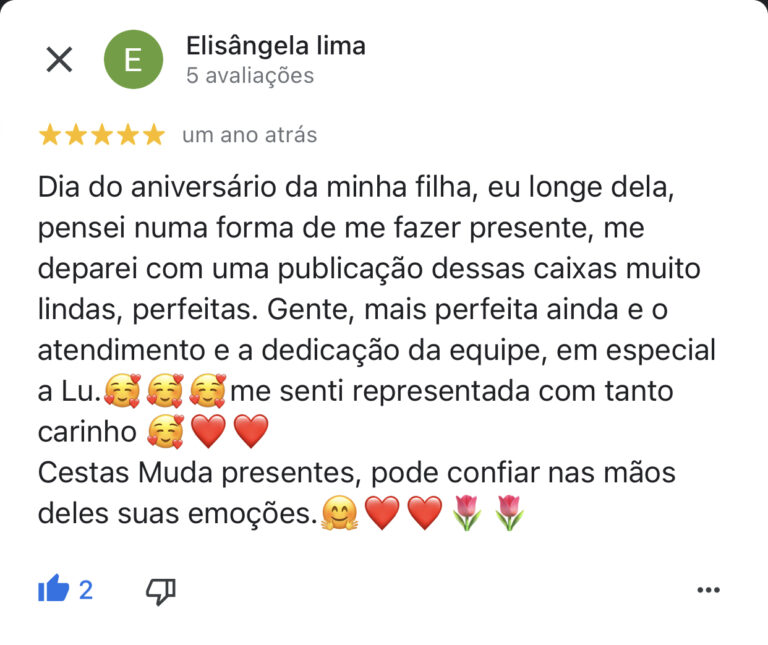 Dia do aniversário da minha filha, eu longe dela, pensei numa forma de me fazer presente, me deparei com uma publicação dessas caixas muito lindas, perfeitas. Gente, mais perfeita ainda e o atendimento e a dedicação da equipe, em especial a Lu.me senti representada com tanto carinho Cestas Muda presentes, pode confiar nas mãos deles suas emoções.