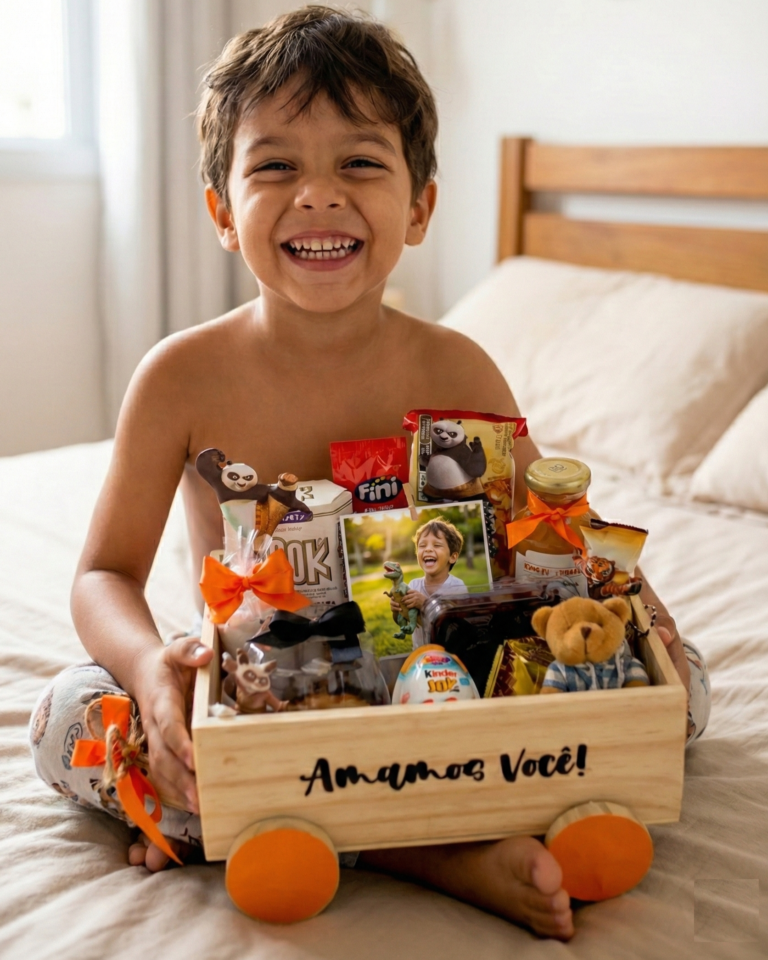 Cesta de café da manhã infantil personalizada com tema de personagem, balão e guloseimas selecionadas, entrega pontual na Zona Sul de Recife.