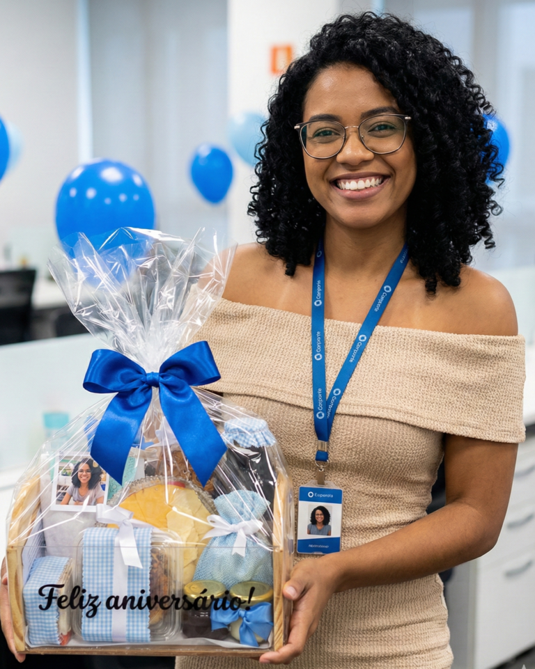 "Funcionária sorridente em ambiente de escritório segurando cesta de presente corporativa personalizada na cor azul com foto revelada e mensagem de Feliz Aniversário. Ação de endomarketing e valorização de equipe entregue em Recife pela Muda D'Presente."