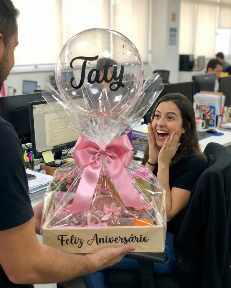 Entrega surpresa de aniversário no ambiente de trabalho. Uma jovem sorri com grande surpresa ao receber uma luxuosa cesta de cafe da manha recife da Muda D'Presente, montada em caixote de madeira com a gravação Feliz Aniversário, itens artesanais, fita de cetim rosa e balão personalizado.